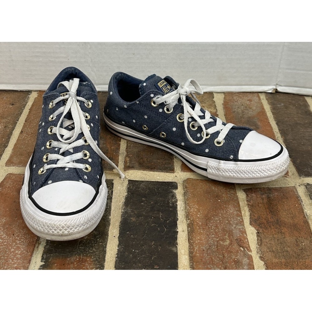 Converse All Star Blue Sneakers White Polka Dots Denim Low Top Women's 8